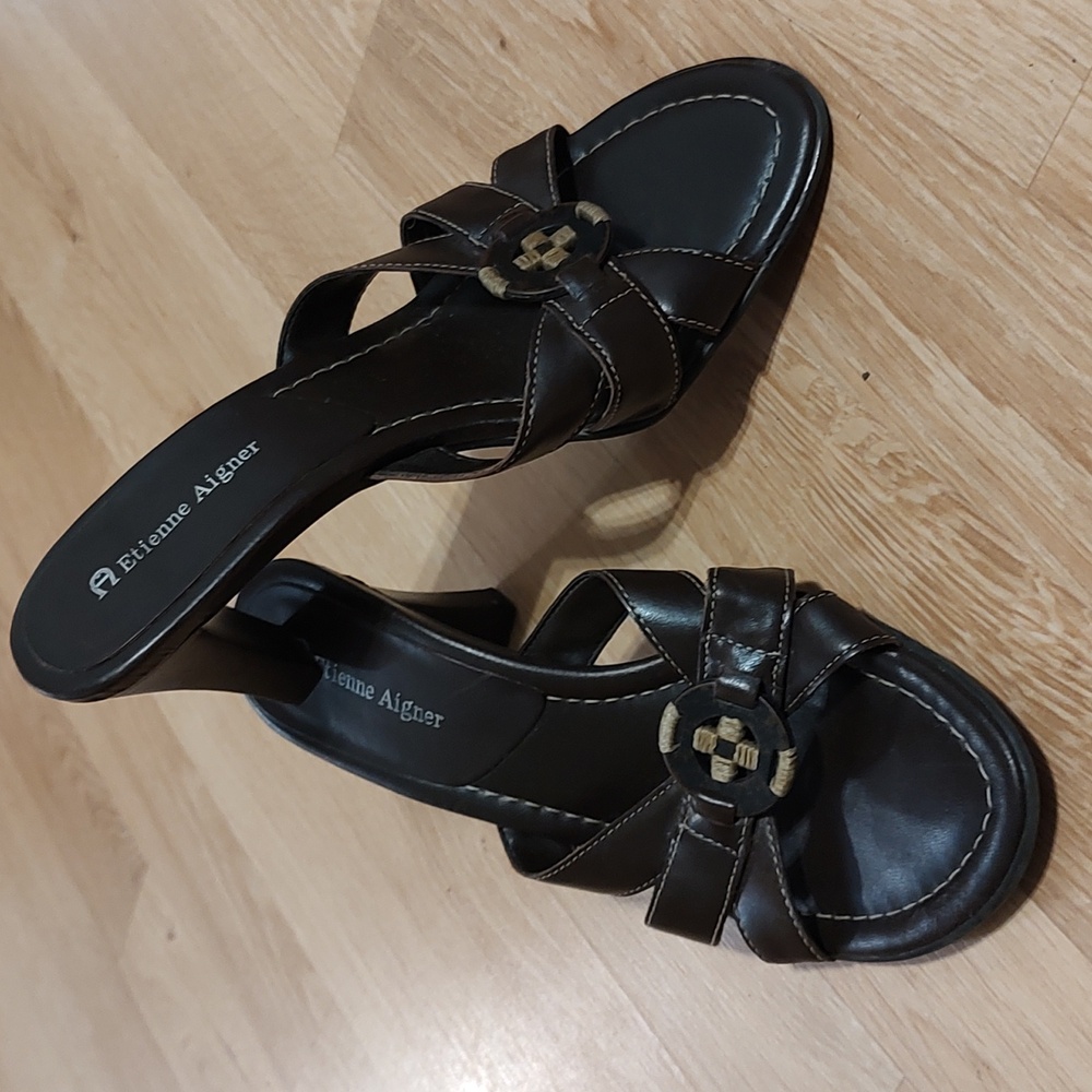 Etienne Agner Heeled Leather Sandals Brown Decorative Stitching Ornament Size 8